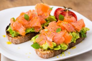 Quick and healthy cold smoked trout, broadbean and mint houmous with sumac and toasted pine nuts.